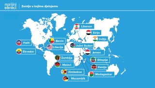 Karta svijeta s označenim zemljama u kojima djeluju Marijini obroci Hrvatska