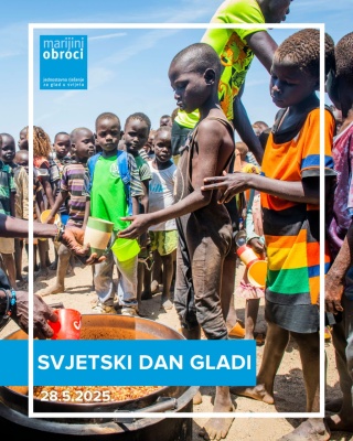 Fotografija dječaka koji prima svoju šalicu s obrokom i logo Marijini obroci uz natpis Svjetski dan gladi